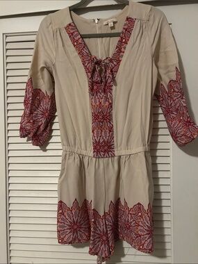 Ella Moss Cream Mini Dress with Red-Pink Embroidered Trim